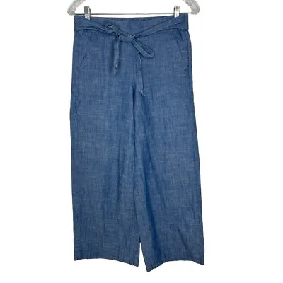 J Crew Blue Chambray Tie Waist Wide Leg Pull On Cropped Pants Size 4 Women's • $24