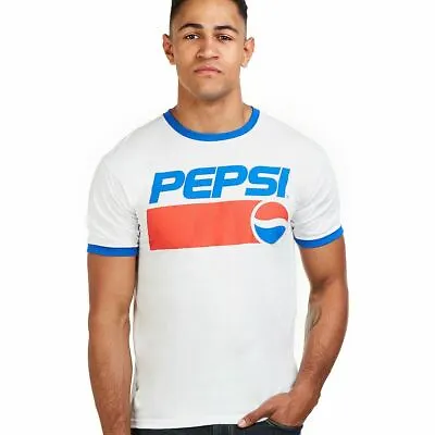 Pepsi Mens T-shirt 1991 Retro Logo Ringer White S - XXL Official • £10.99