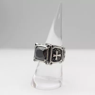 Ring Mens Emerald Cut Black CZ Maltese Cross Silver Tone Black Band Size 8 • $19.99