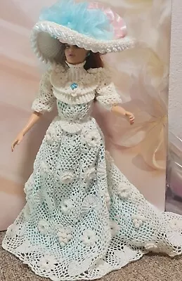 OOAK AUBURN HAIR JANAY DOLL In IVORY CROCHET W/TEAL ACCENTS VICTORIAN GOWN & HAT • $25.95