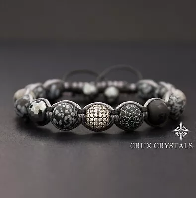 Men's Snowflake Obsidian Shamballa Style Gemstone Beaded Bracelet Mantra Macrame • $45