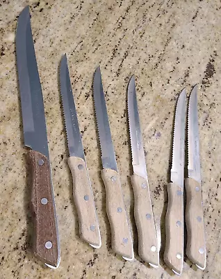 VTG The Master Carver Chefs Knives Stainless Steel Wood Riveted Handle Set Of 6 • $28