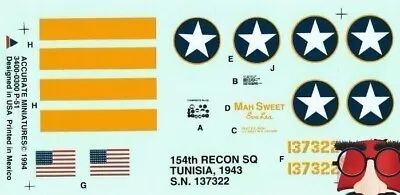 1:48 Accurate Miniatures Decals 3400 - P-51 Mustang 154RQ Tunisia 1943 X • $4.50