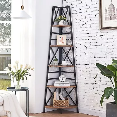$199.99 • Buy HOMFURN 5-Tier Industrial Corner Shelf, Metal Frame Bookshelf, Rustic Brown
