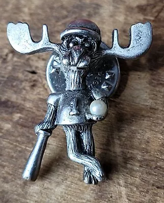 Vtg 1998 MARK ELLIOT SCHWABE PEWTER & PEARL MARKIE MOOSE BASEBALL PIN BROOCH EUC • $11.62