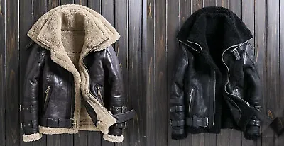 Men’s B3 RAF Bomber Aviator Brown Black Fur Shearling Real Leather Jacket Coat • $135