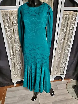 M Vtg 80s Mermaid Fishtail Maxi Green Damask Puff Sleeve LS Dress Wiggle • $14.99