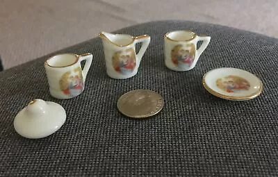 Vintage Porcelain Miniature Pitcher Cups Plate Couple Doll House Gold Trim • $5