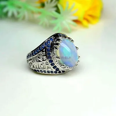 Natural Opal & Blue Sapphire Gemstone With 925 Sterling Silver Ring For Men's • $116.80