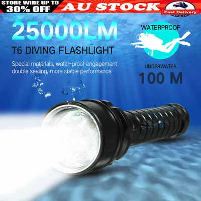 25000Lm T6 Torch Light Lamp Underwater 100m LED Scuba Diving Flashlight IPX8 AU • $29.99