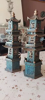  Japanese  15  Pagoda Cast Iron Lanterns Green And Gold Metallic 10 Pounds Each • $1500