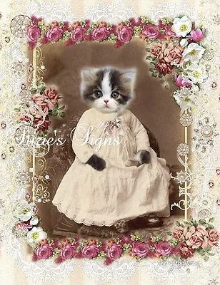 $8.99 • Buy Whimsy Dust Fabric Block Vintage Cat Kitten Portrait Pink Roses Applique