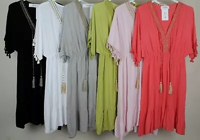 New Summer 2023 Casual Lightweight V Neck Tassel Tie Elegant Plain Dress Tunic • $42.10