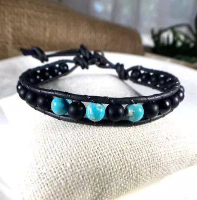 Men's Turquoise And Matte Black Agate 6mm Beaded Wrap Leather Bracelet  USA • $18.99