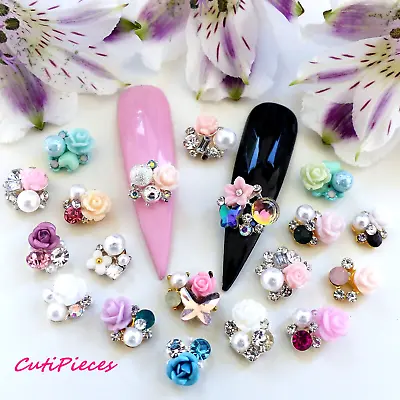 3D Nail Art *Flower Clusters Mix* Rhinestone Gem Crystal Daisy Roses Metal Alloy • £3.95