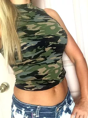 CROP TOP Camo Camouflage TURTLE Mock Neck Sleeveless Shirt Cotton S M L 2-12 • $4.99