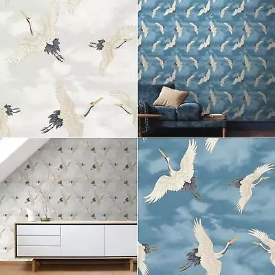 Muriva Catherine Lansfield Cranes Metallic Oriental Japanese Birds Sky Wallpaper • £14.99