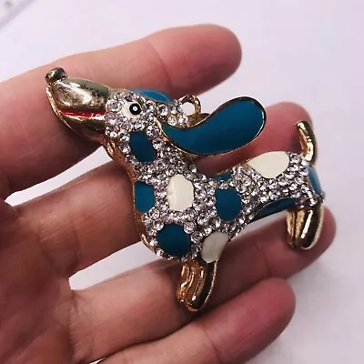 Pendant Dog Dachshund Charm Teal Blue WHite Crystals Gold Tone Open Cut Back • $12.29