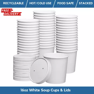 Disposable White Soup Container Paper Ice Cream Cups With Lids Takeaway Soup • £116.59