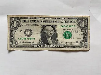 One Dollar Bill Serial Number L 50887986 Q $1 Note US Real Money 2013 Notes USA • $8.99