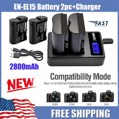 2X EN-EL15 Battery + 1X Charger For Nikon D600 D800 D810 D850 D7000 D7100 D7200 • $19.99