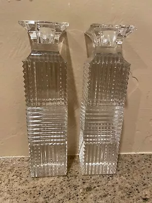 VAL St LAMBERT LASLO Crystal Metropolis Design Candle Holder Set Of Two 7.5 Inch • $118