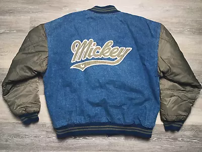 Mickey Mouse Vtg Varsity Bomber Jacket 1990s Denim Letterman Style Mens L Disney • $129.99