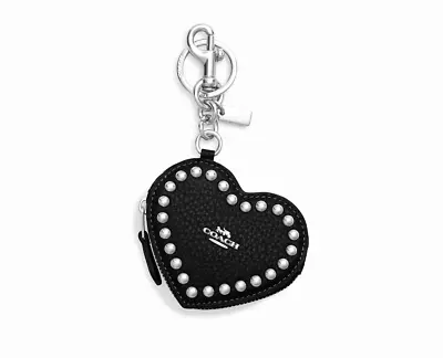 NEW Coach Heart Pouch In Black Leather With Rivets Bag Charm CM311 NIP🎀 • $109.60