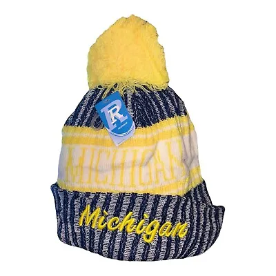 NWT Michigan Wolverines Football NCAA Sports Knit Beanie Plush Lining Pom GOBLUE • $15.99
