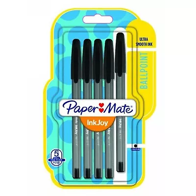 Paper Mate InkJoy 100 Black Ballpoint Pens Fine 0.7mm Nib Black Ink Pack Of 5 • £4