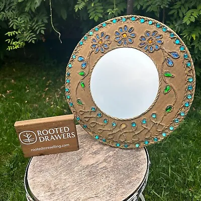 Vintage Bejeweled Mirror Round Floral Flowers Brown Beaded Blue Gem Bohemian 60s • $24.99