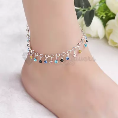 Women 925 Silver MultiColour Crystal Tassel Ankle Foot Chain Anklet Bracelet • £3.99