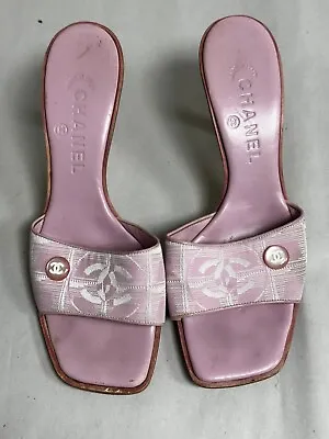 Y2K Chanel CC Logo Leather Canvas Pumps Heels Mules Shoes Sandals Sz 8.5 B Vtg • $295