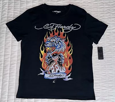 Ed Hardy Rhinestone Fire Tiger Tee Black T-Shirt/Mens/Size Large/Brand New • $38