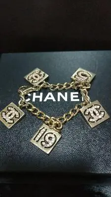 Vintage CHANEL Rhinestones CC Logo No.5 Charm Gold Chain Bracelet Used From JPN • $844.93