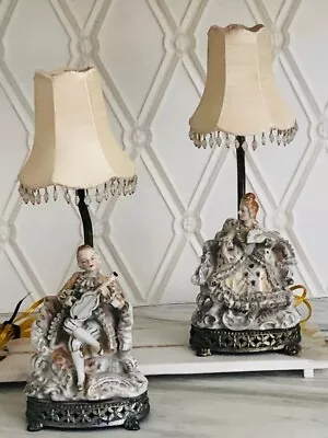 Antique Porcelain & Brass Victorian Figurine Shaded Lamps- Set Of 2 • $44