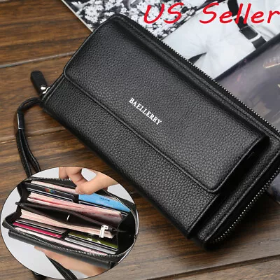 Men's Business Clutch Wallet Large Capacity Leather Phone Long Checkbook Handbag • $12.70