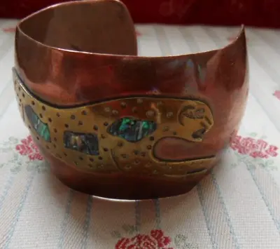 Vintage Cuff With Inlay Abalone Shell Copper And Brass Leopard Bracelet Mexico • £40