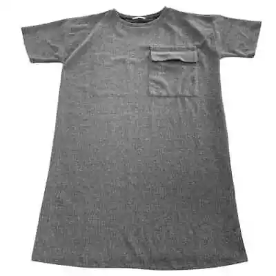 Zara Dress Women Large Black Grey Pocket Shirt Shift Mini Crew Neck Short Sleeve • $24.99