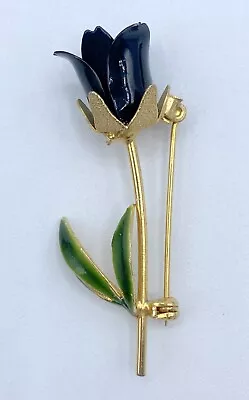 B3-536 Vintage Brooch Gold Tone Pin 2.25  Flowers Black Rose Enamel Long Stem • $4.99