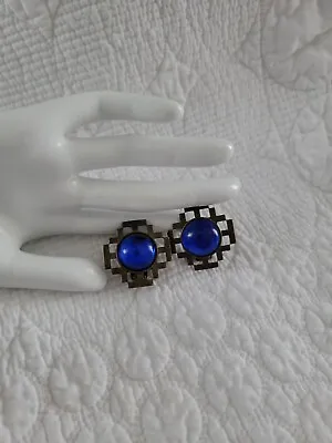 Vintage 1930's Victorian Era Brass Clip On Earrings With Blue Glass Stone • $24.99