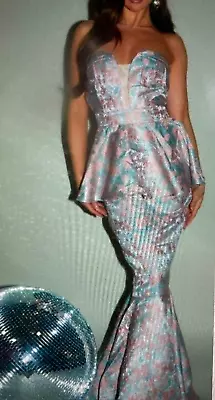 Naanaa Bandeau Fishtail Mermaid Brocade Maxi Dress Powder Blue/pink Size 10 Bnwt • £9