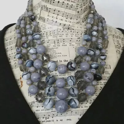 Vintage Multi Strand Bead Necklace Lucite Bead Grey Beads 4 Strands 50s 60s • £11.90