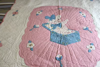 Vintage Cotton Hand Stitched Crib Quilt Teddy Bear & Flowers Applique 38x56 • $21.50