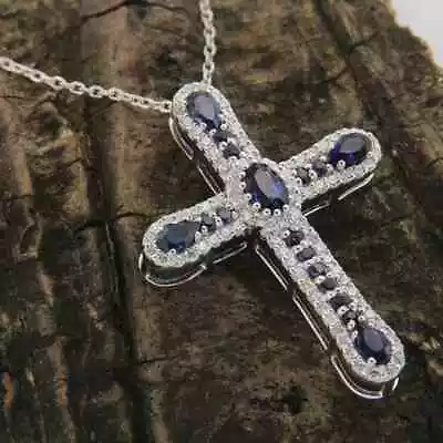 2.00 Ct Oval Cut Lab Created Sapphire Men's Cross Pendant 14K White Gold Plated • $91.44