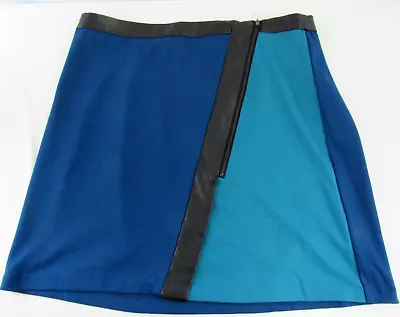 Eci New York Blue Teal Color Block Skirt Asymmetrical Zipper Faux Leather 14 • $18.99