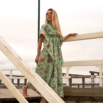 Indian Cotton Green Floral Printed Kaftan Dress Women's Clothing Kaftan Dress AU • $33.75