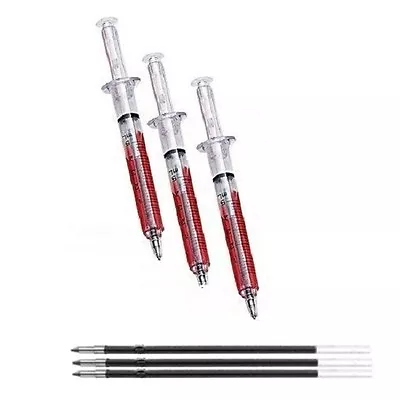 £3.99 • Buy 3 SYRINGE BLOOD NOVELTY PENS & Refills DOUBLE VALUE ! Writes In BLACK Ink