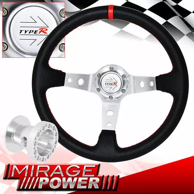 Deep Dish Black Steering Wheel Silver Center Red Stitching Hub For 86-01 Integra • $61.99