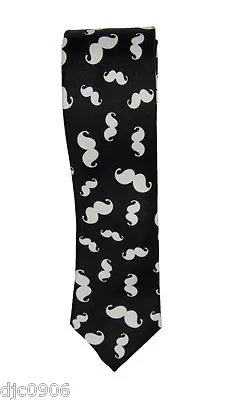 Unisex Black With White Mustaches Neck Tie 56  L X 2  W-Mustache Neckwear Tie • $19.99